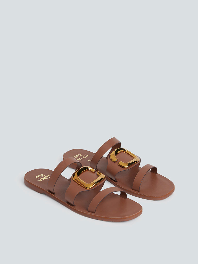 LUNA BLU Brown Multi-Strap Buckle Detail Slides